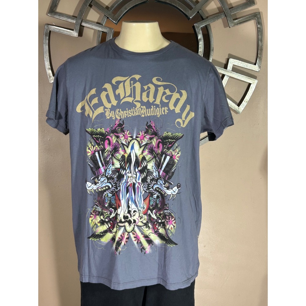 Ed Hardy Christian Audigier Men's Graphic Shirt Dark Grey XXL Death Angel Lover